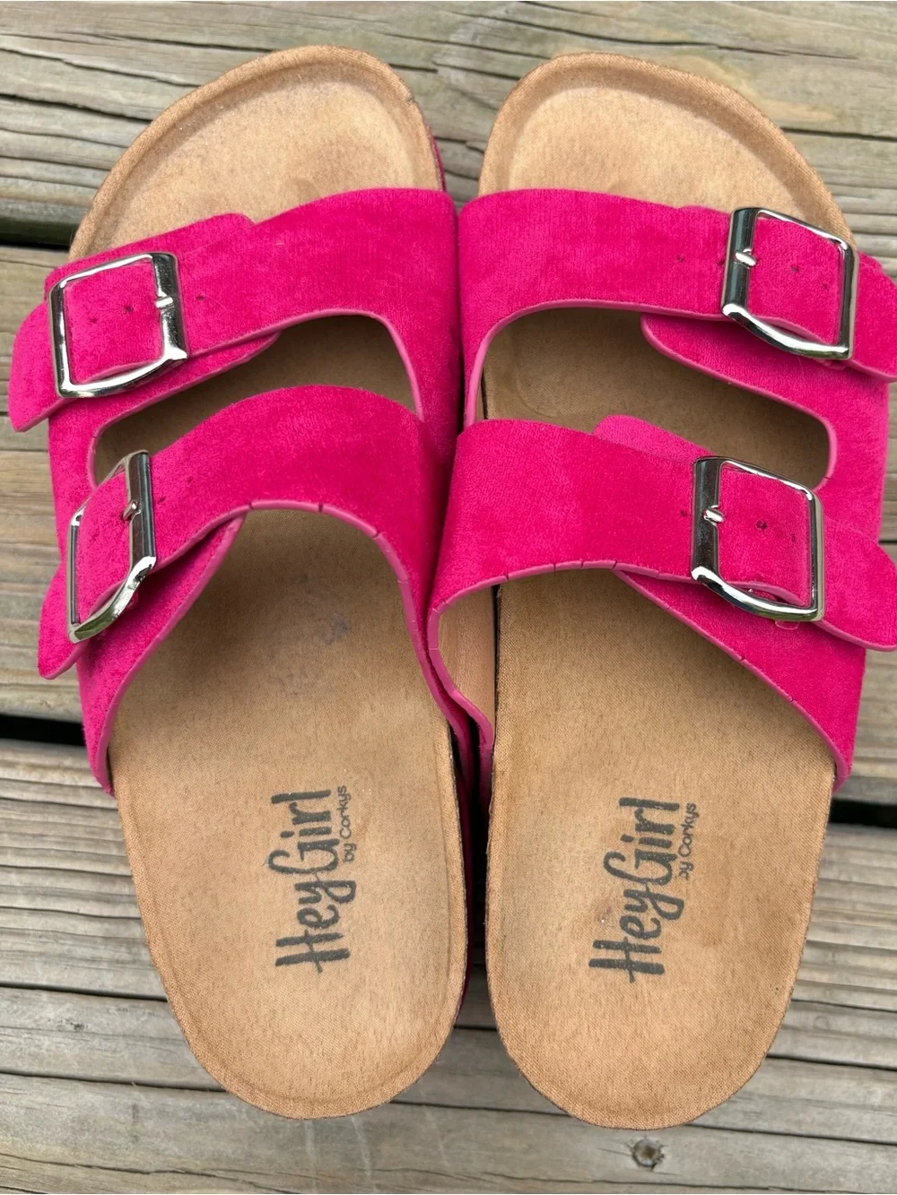 Corkys Hot Pink Double Buckle Suede Slide Sandals - Picture 2 of 5
